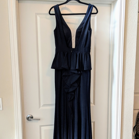 Xscape Illusion Front Navy Gown - Picture 4 of 5